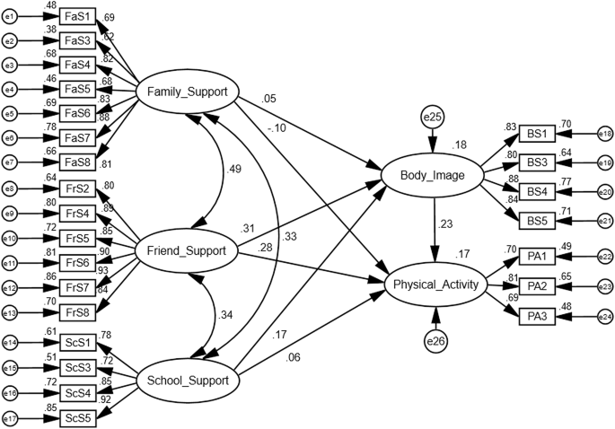 Predictive model of the relationship between social support, body image perception, and physical activity among university students