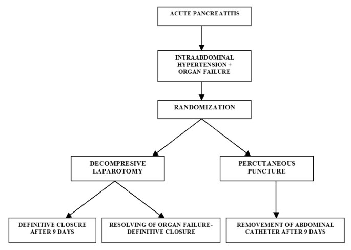 Decompressive laparotomy with temporary abdominal closure versus  percutaneous puncture with placement of abdominal catheter in patients with  abdominal compartment syndrome during acute pancreatitis: background and  design of multicenter, randomised