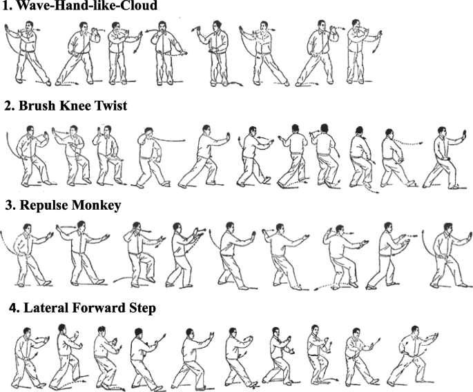 Illustration of five tai chi movements. (A) Brush Knee and Twist Steps;