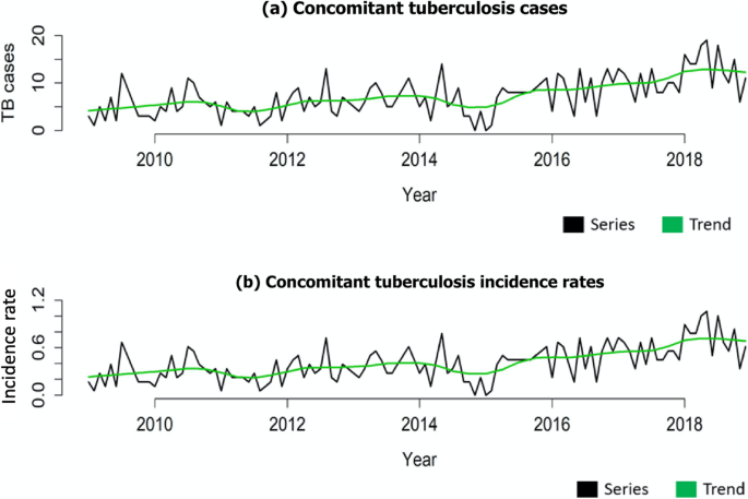 Temporal trends in areas at risk for concomitant tuberculosis in a