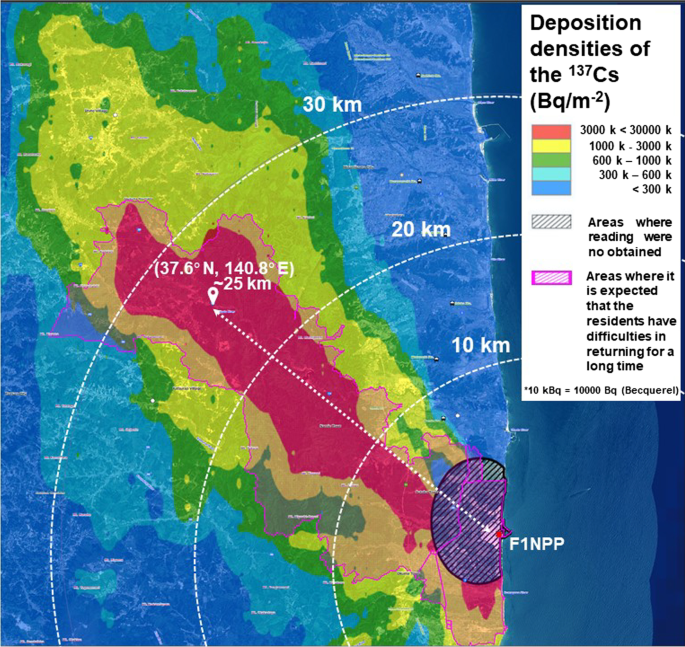 Map of north coastal area of Fukushima prefecture with level of soil