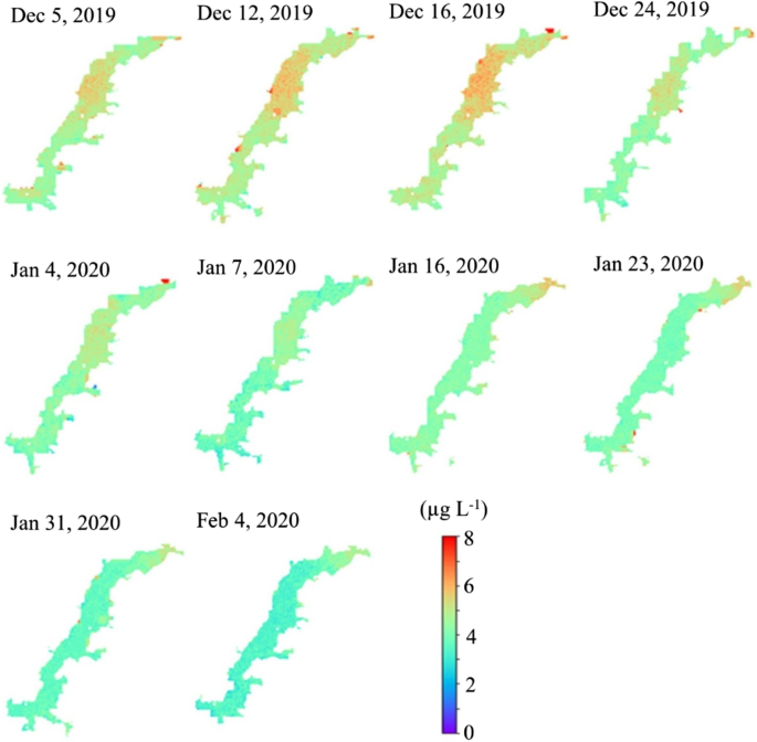 Spatial-temporal distributions of chlorophyll a content (μg/L) in