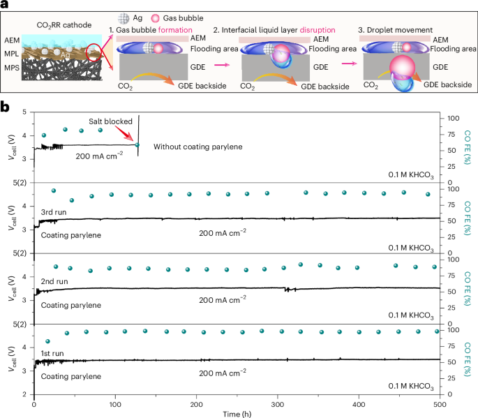 Managing bicarbonate salt formation in CO<sub>2</sub> reduction electrolysers for stable operation