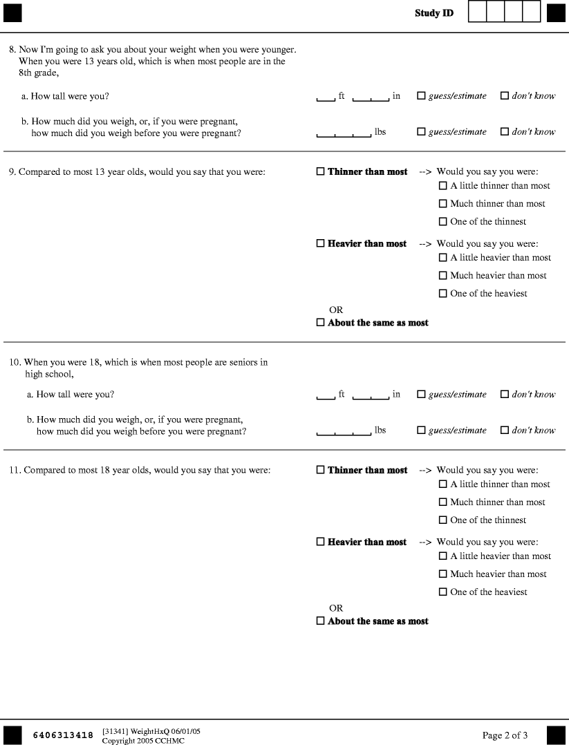 Validation of a Weight History Questionnaire to Identify Adolescent