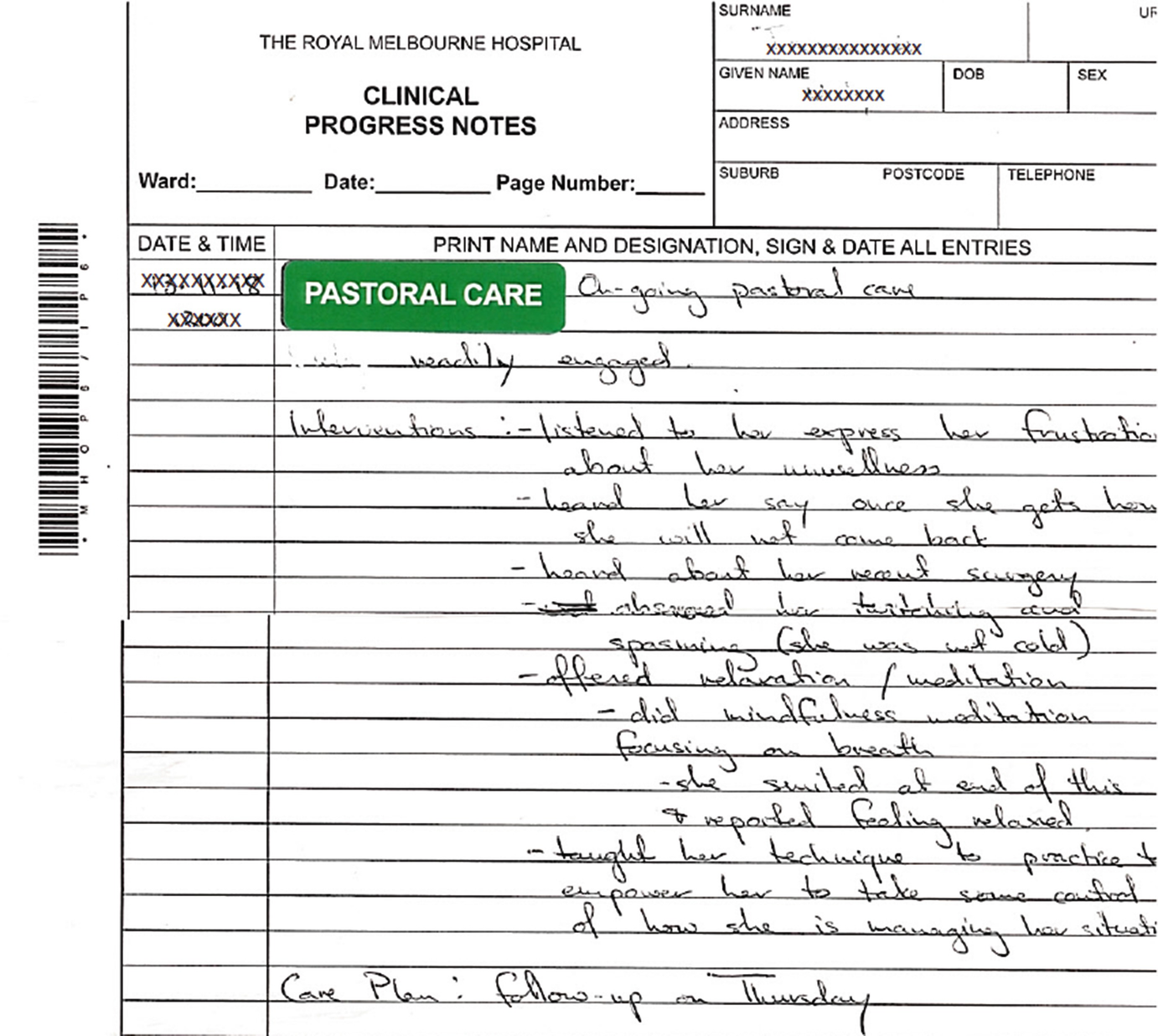 Charting and Documenting Spiritual Care in Health Services Within Hospital Progress Note Template