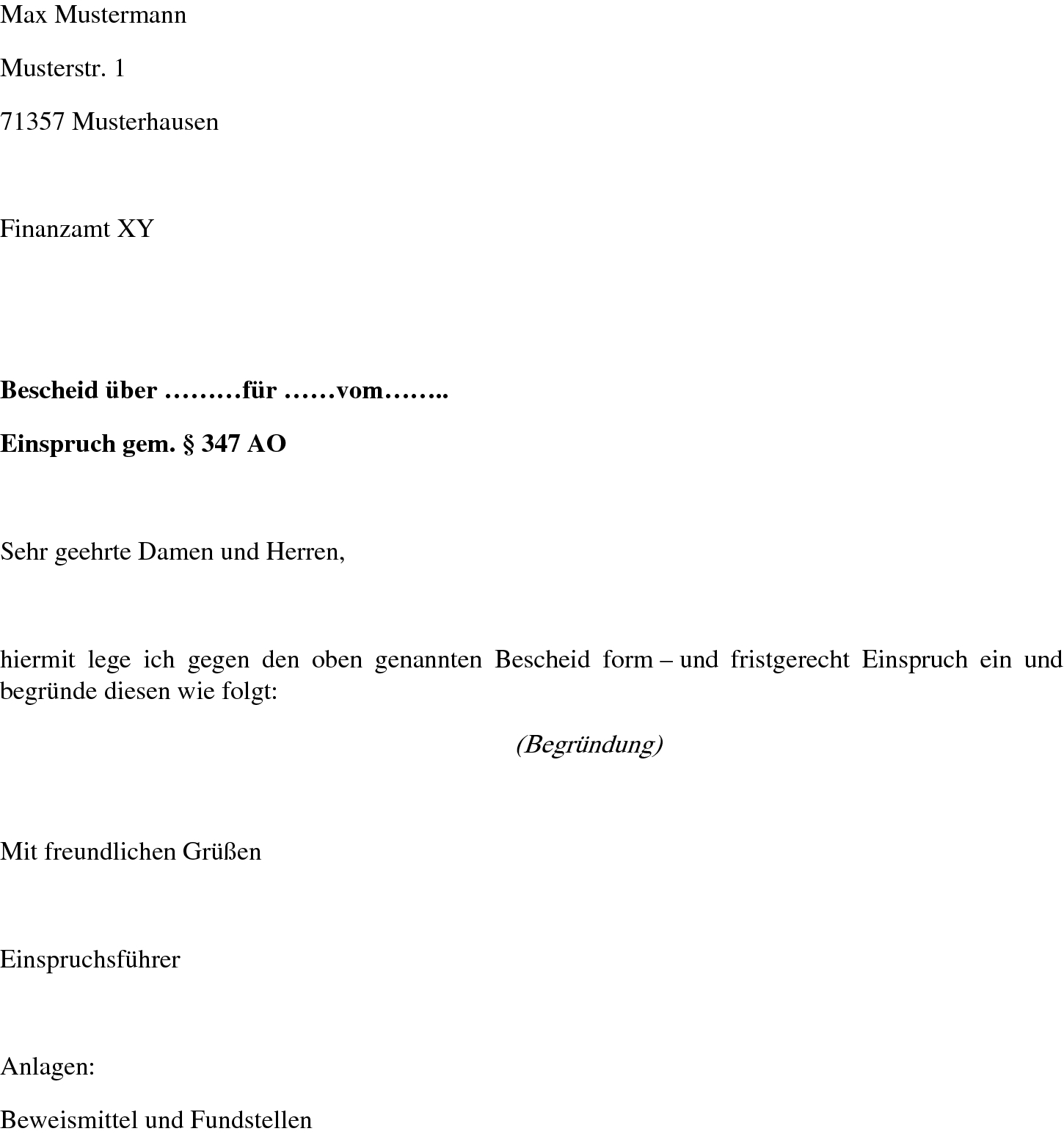 Einspruch Finanzamt Muster