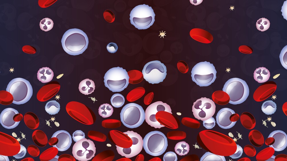 Leukemia background in bright colors, including white and red blood cells in realistic style