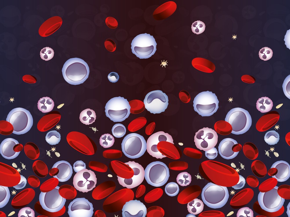 Leukemia background in bright colors, including white and red blood cells in realistic style