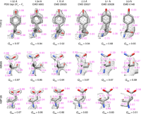 Q-scores for three residues taken from apoferritin maps at various resolutions.