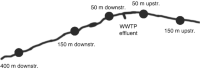 Schematic drawing of the sampling sites for the in situ bioassays up- and downstream of the wastewater treatment plant effluent