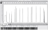 Electropherogram of the GeneScan 500 size ladder run with the fast electrophoresis protocol.