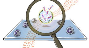 Magnifying glass in front of DNA 