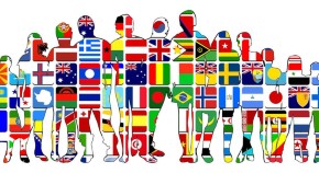 Cartoon of people with different flags as clothing, illustrating diversity