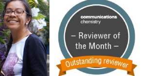 Left: Headshot of Maria Colín-García; Right: Reviewer of the month badge