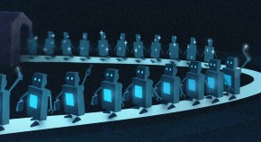 Robots (representing immune cells) on a production line