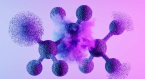 A molecular structure with particles on color gradient background.