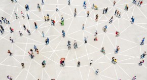 Aerial view of a crowd connected by lines.