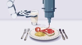 A plate with 3D-printed meat, tomatoes, rice, a glas of milk handed by a robot