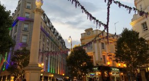 Colour photo of Seven Dials in London at dusk.