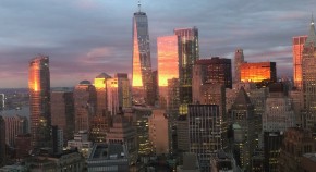 Sunset reflected off lower Manhattan skyline