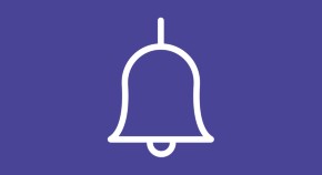 Purple background with a white outline of a bell in the centre