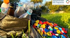 Plastic ollecting for recycling. Plastic caps and Lids plastic bottles in garbage bag for recycling. PET Water bottles and PET Bottle Caps is recyclable and Reinventing. Plastic waste collected.