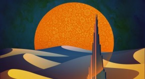 Microbe filled sun rises over a desert and the Burj Khalifa