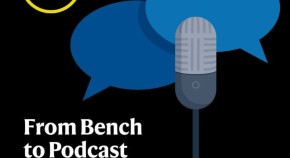 Podcast logo of a black field with a grey old school microphone and two speech bubbles, the Nature Biotechnology logo at upper left and "From Bench to Podcast: Stories from Biotech Labs" at lower left