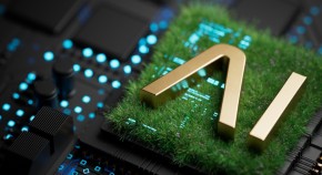 artistic rendering of a microprocessor with meadow grass on it and the letters AI on top