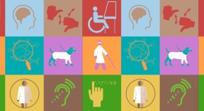 Various common disability icons are shown with a chemistry twist - including a wheelchair user symbol next to a fumehood the hidden disability symbol furnished with a labcoat