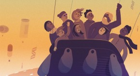 Future of Medicine portrayed as people being lifted into the sky on hot air balloons powered by representations of medical advances