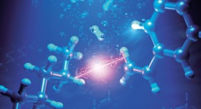 Two molecules reacting together to form a new bond, as shown by a lightning bolt, with bubbles of hydrogen being released