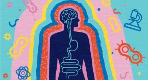 Brain Gut Connection abstract concept with silhouette of human with connected brain and intestine surrounded by gut bacteria.