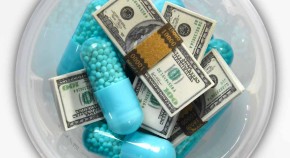 Hundred-dollar bills and medicinal pills in a medicine cup