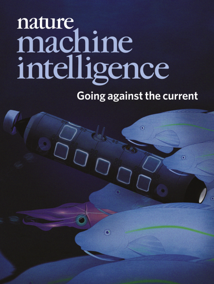 GOING AGAINST THE CURRENT An autonomous underwater vehicle is designed with a distributed sensory system over its surface, inspired by fish lateral line sensing, so that it can measure hydrodynamic forces and compensate for disturbances immediately. The vehicle manoeuvres by using jet thrusters, a mechanism that is inspired by jet propulsion employed by squid. Such underwater robots can instantly feel and respond to disturbances, and have improved position tracking. See Michael Krieg, Kevin Nelson and Kamran Mohseni Image: Springer Nature Limited/Monica Schul. Cover design: Karen Moore.