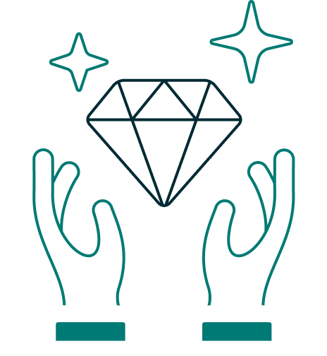 A large diamond with two hands below it and stars above, symbolizing value or care