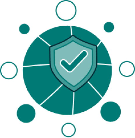 A circular diagram with a shield and checkmark in the center, representing security. Smaller connected circles surround it, forming a network.