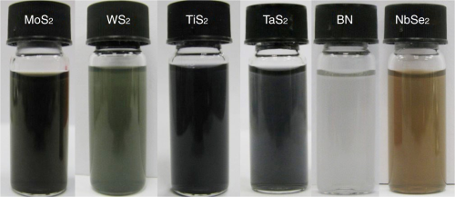 The opaque suspension of the exfoliated MoS2, WS2, TiS2, TaS2, BN and NbSe2 nanosheets.