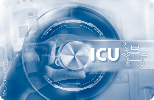 Grafik eines Schalters, der gedreht wird. Overlay mit der Schrift "ICU" und einem Intensivpatienten