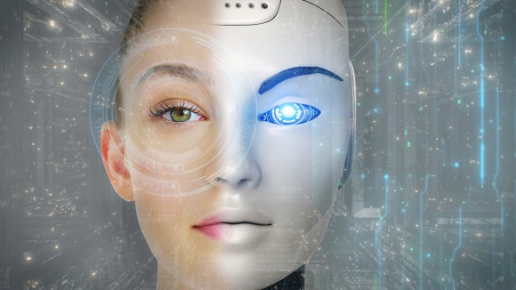 Portrait of a beautiful woman's face with half human face and half-face robot with advanced and futuristic technology.