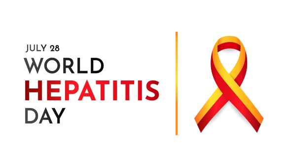 A red and yellow ribbon and text that reads "July 28 World Hepatitis Day"