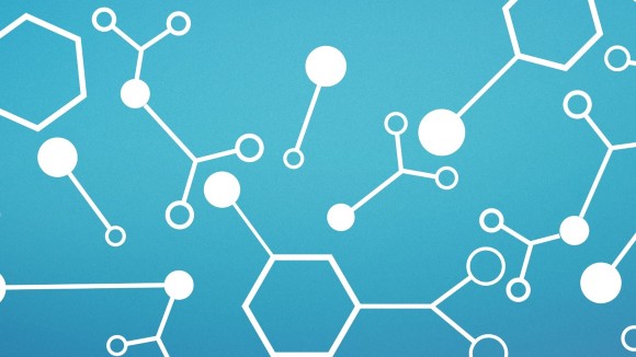 An assortment of white line molecules in the middle of a light blue background