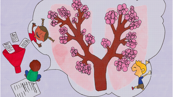 Hand-drawn image of lungs as a tree, with children smiling and playing underneath. A child is picturing this as a thought as they are encircled by manuscripts. Entitled “Our lungs are our tree.”