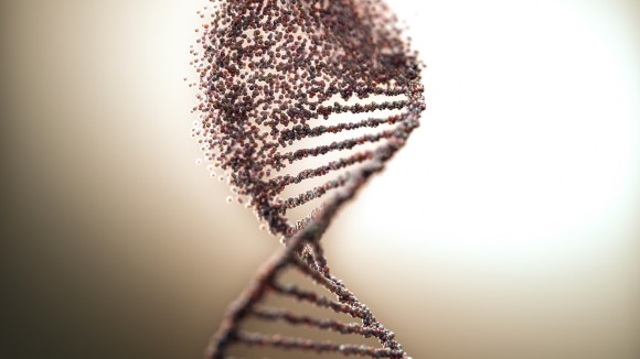 Twisted DNA helix showing the molecules that make it up and, and disintegrating from the DNA helix towards the top.