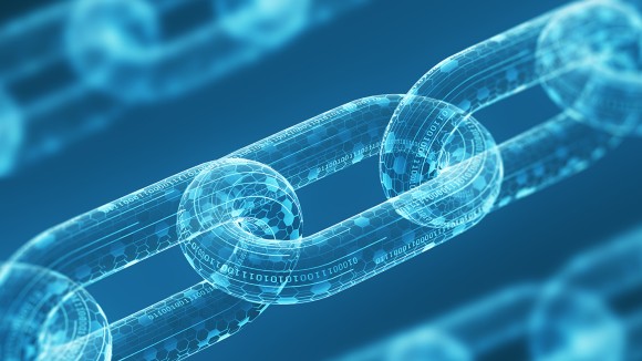 Three digital chain links displayed diagonally on a blue background