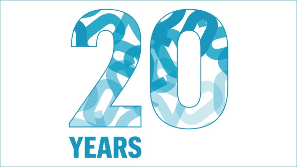 A large number 20 and the word years in the journal logo colour