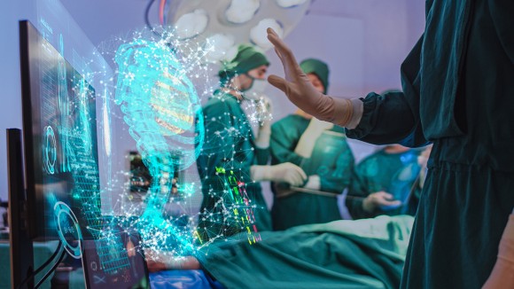 Doctor using hologram modern virtual screen interface Respiratory System in the operating room, innovative and future of medical and healthcare technology - stock photo