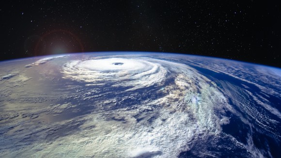 Hurricane Florence over the Atlantics close to the US coast, viewed from the space station. Gaping eye of a category 4 hurricane. Elements of this image furnished by NASA. - stock photo