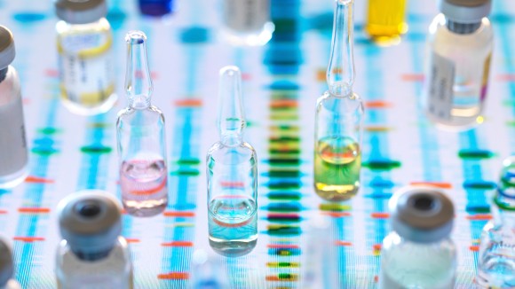 Pharmaceutical research developing genetic medicine, illustrating how medicine will be designed to cure individuals health by analysing DNA - stock photo