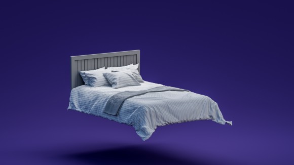 A double bed with five pillows and striped bedcovers is floating in space about 1 meter above the ground. The background is a uniform shade of blue, with a slight shadow underneath the bed.